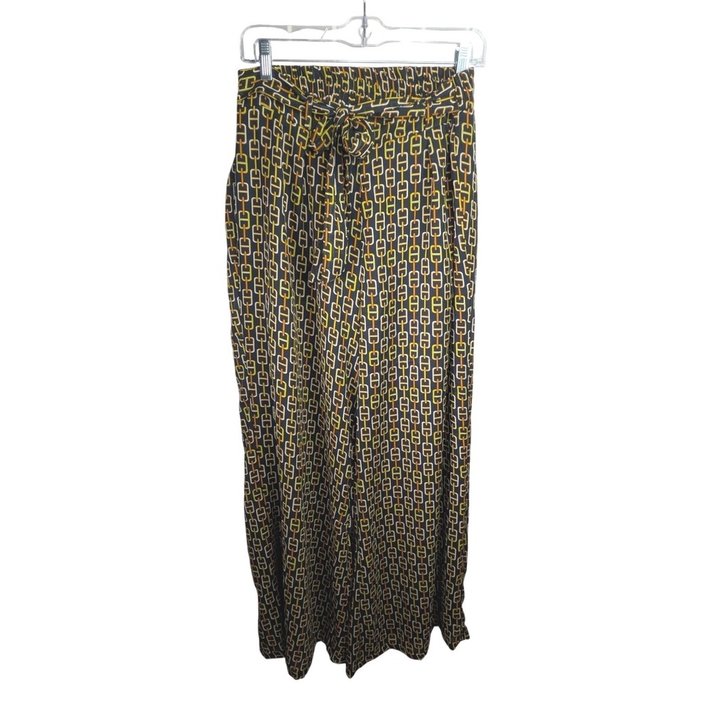 Her Destiny Womens Wide Leg Pant Chain Elastic Waist Tie Belt Black Yellow Lined